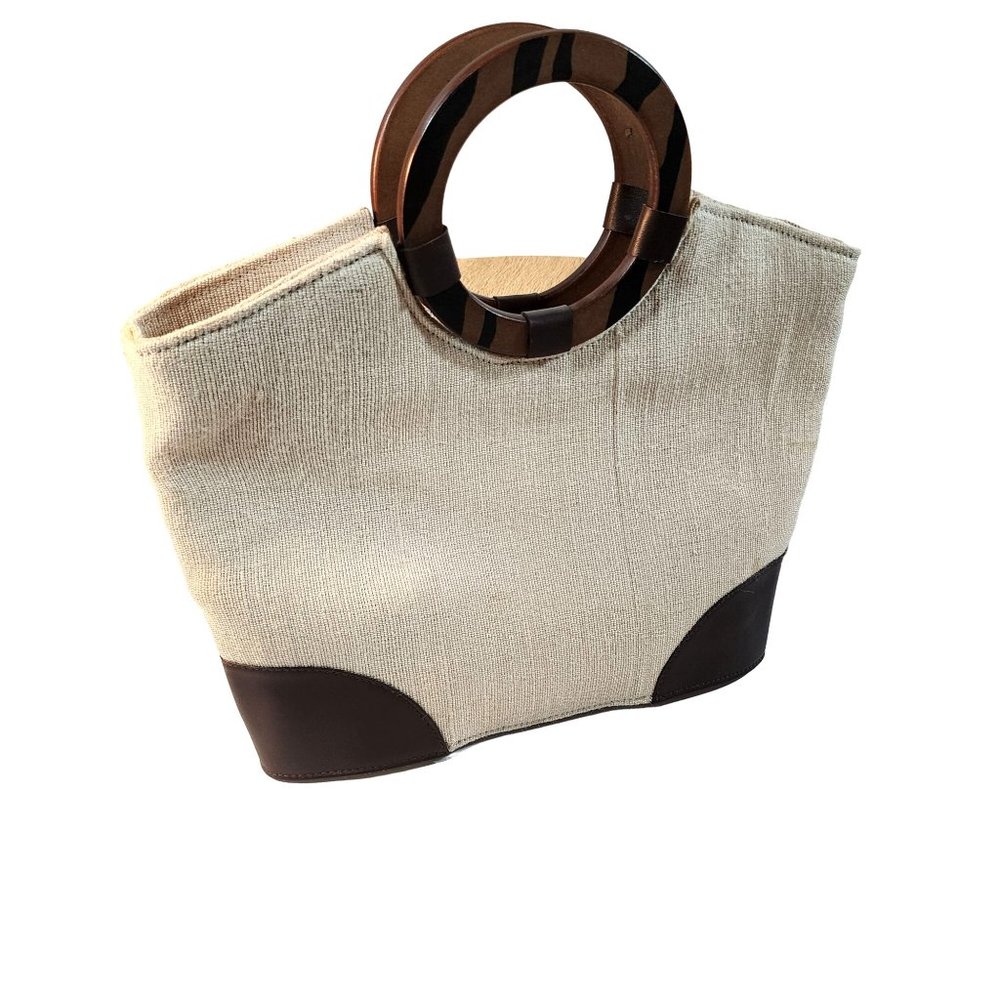 Beige Woven Handbag With Brown Accent at Bottom and Brown Decorative Wood handle